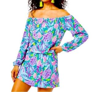 🐢Lilly Pulitzer Off the Shoulder Lana Romper Maldives Green Waves🐢
